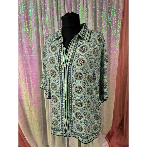 Max Studio Tops - Max Studio Womens Mint Green Blue Geometric Tile Print Button Down Blouse Small